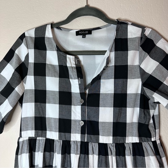 NO OFFERS ROOLEE black / white Buffalo check plaid short sleeve babydoll dress S - Picture 3 of 11